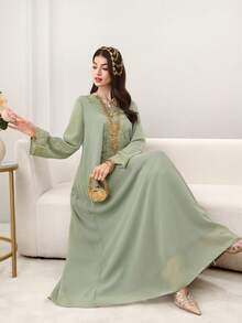 Al Najma 女士休闲纯色雪纺V领长袖宽松连衣裙，春秋季款 - 綠色 - 查看 5