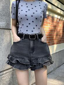 DAZY 女士复古水洗荷叶边灰色牛仔短裤，韩版夏季牛仔短裤 - 藍色 - 查看 4