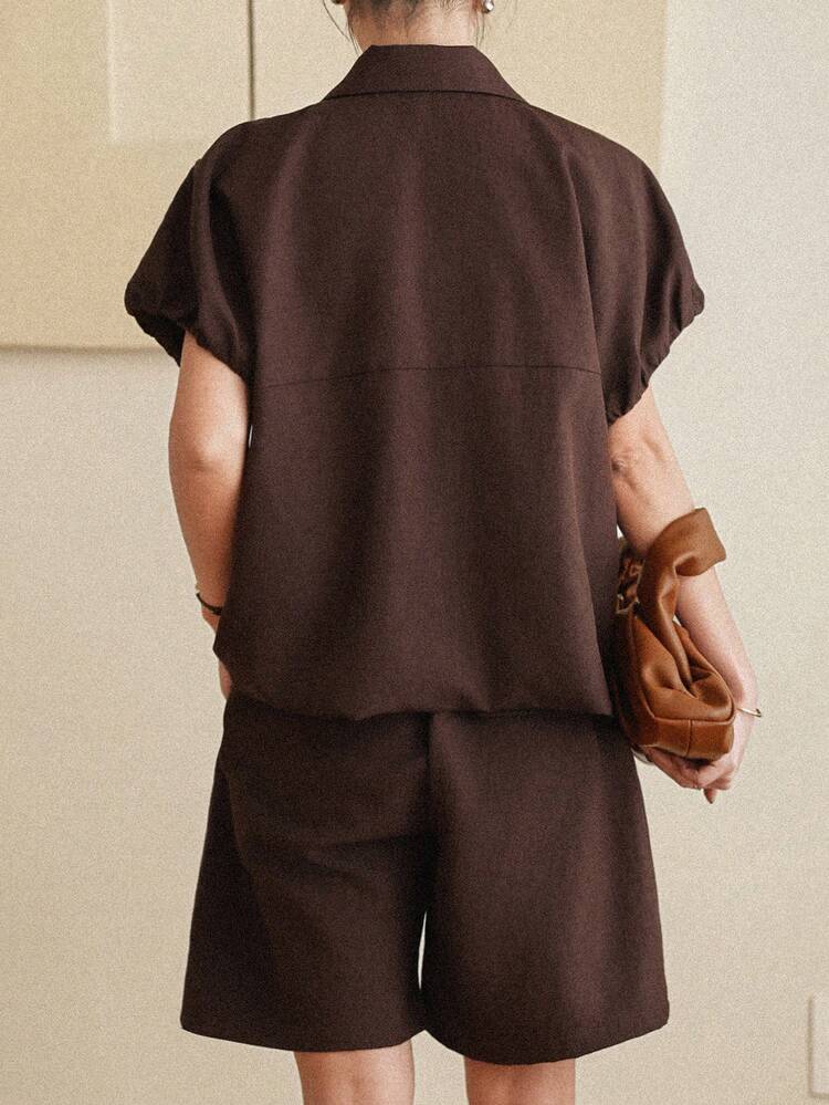 Women's Casual Commuter Solid Color Short Sleeve Top And Shorts 2 Pieces Set, Summer