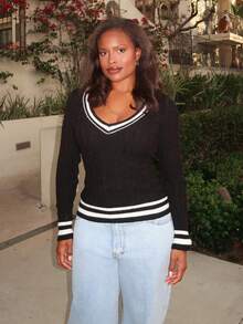 Tyla Gomez Women's Casual Contrast Trim Sweater, Autumn,Tops For School - Black - View 4