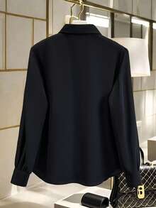 Franclia 女士撞色纯色翻领衬衫，适合通勤、办公、返校、教学、室内外穿着，春秋季款 - 黑與白 - 查看 2