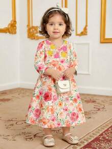 Baby Girls' Casual Minimalist Long Sleeve Dress, Classic Middle Eastern Arabic Traditional Jalabiya Long Dress, Vintage Peony Floral Print - Multicolor - View 1