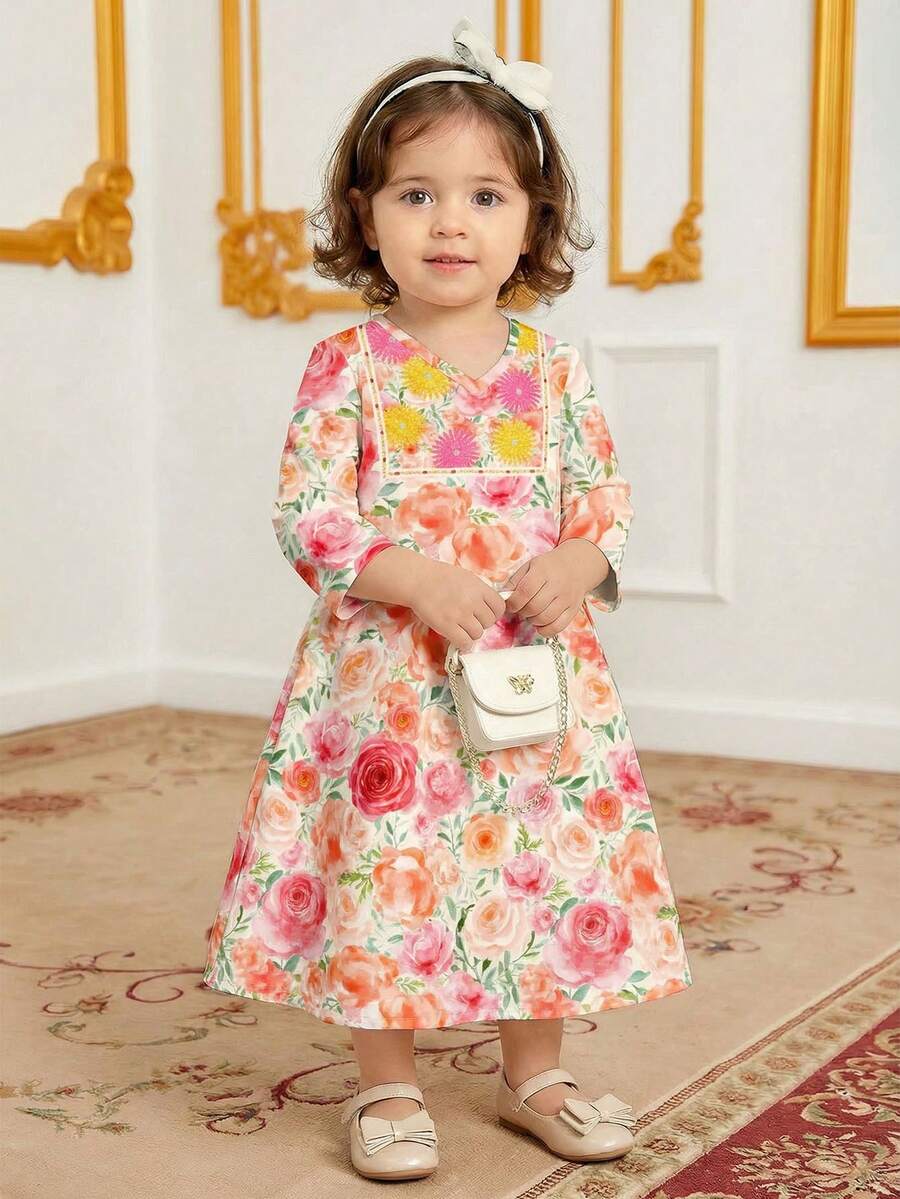Baby Girls' Casual Minimalist Long Sleeve Dress, Classic Middle Eastern Arabic Traditional Jalabiya Long Dress, Vintage Peony Floral Print - Multicolor - View 1