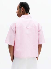 SUMWON Crop Fit Short Sleeve Button Down Shirt With Vertical Stripes And Collared Neckline For Casual Summer Occasions - Pink - View 2