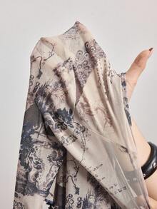 ROMWE Avant Slim Fit Women's Top With Peacock Print And Mesh Fabric, Modern Chinese Style