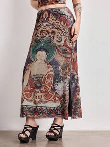 ROMWE Avant Chân váy lưới xẻ tà bên hông in hình Phật theo phong cách Trung Hoa cổ điển dành cho nữ. - màu đen - Xem 6