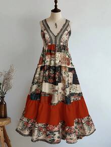 Sunspun 复古花卉拼接印花休闲优雅宽松裤，夏季女装 - 彩色 - 查看 1