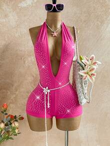 Soleia Women's Vacation White Knit Textured Wavy Pattern Deep V Neck Backless Sexy Bodysuit, Fashionable Fitted For Party, Date, Afternoon Tea, Boho Vacation, Beach, Summer Outfit - Pink - View 7