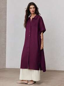 ZEYLAH 100%亚麻衬衫领宽松系带长连衣裙，春季 - 酒紅色 - 查看 3