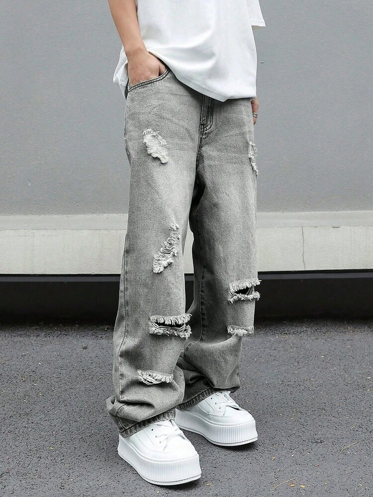 Pantalones de algodón de corte holgado para hombre con efecto desgastado y envejecido. - Gris - Añade 7