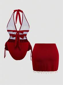 SHEIN 大码夏季度假舒适纹理面料度假贝壳装饰配饰大码坦克泳衣套装，大码坦克泳衣 - 酒紅色 - 查看 2