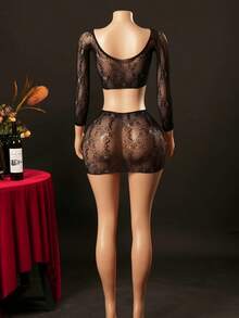 2pcs Women's Sexy Hollow Out Sheer Mesh Lingerie Set - Black - View 4