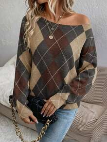 EMERY ROSE Áo len nữ trễ vai dáng rộng họa tiết Argyle kiểu Preppy - Ấm áp và thời trang, chất liệu dệt kim phong cách Bohemian cho mùa xuân và thu/đông, hoàn hảo cho các buổi đi chơi, du lịch, nghỉ mát, mặc ở nhà, thư viện, trường học và làm quà tặng. - Nhiều màu - Xem 3