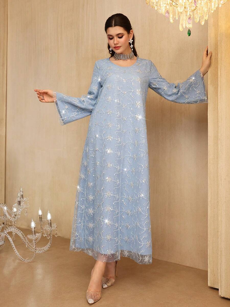 Al Najma 宽松飘逸刺绣串珠长袖连衣裙，阿拉伯风格