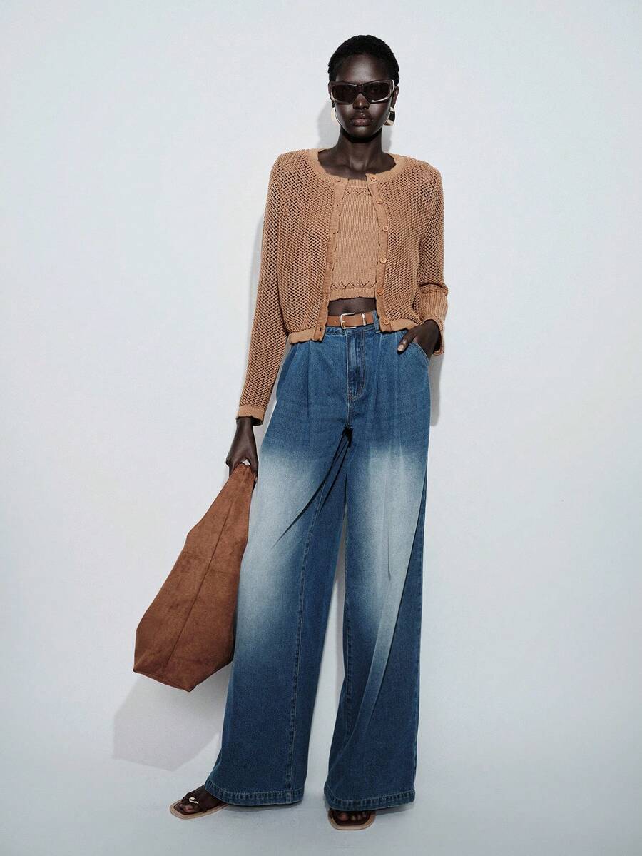 SHEIN Luminelle 2pcs/Set Elegant Knit Cardigan + Camisole Vest, Lightweight Summer Outfit, Versatile - Camel - View 1