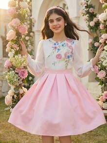 2pcs/Set Tween Girls Fresh & Sweet Style White Blouse + Pink Mini Skirt Outfit, Suitable For Vacation, Campus, Commute, Casual Wear, Youthful & Fashionable - Multicolor - View 8