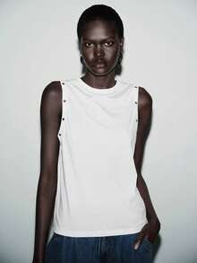 Franclia 女士休闲金属装饰无袖圆领背心，春夏款 - 白色 - 查看 5