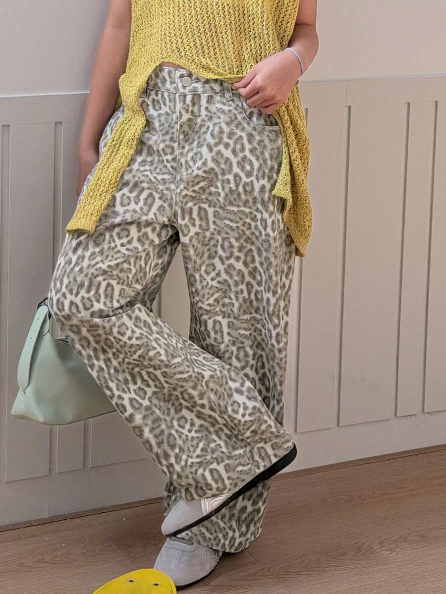 DAZY 少女豹纹休闲牛仔裤 - 灰色 - 查看 1