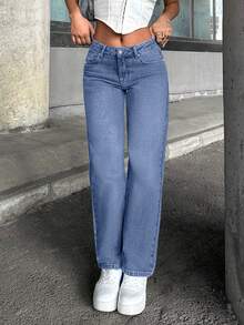 Women's Casual Washed Low-Waist Straight-Leg Jeans - Baby Blue - View 3