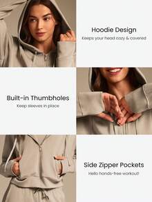 GLOWMODE Sudadera con capucha de manga larga con bolsillos laterales con cremallera, de modal y felpa, con ojales para el pulgar, para uso diario y casual - Caqui - Ver 3