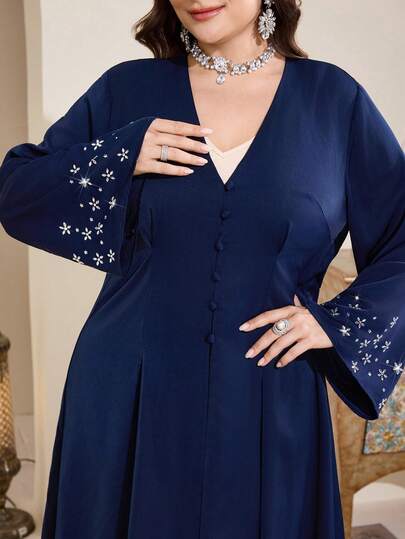 Al Najma Abaya de manga acampanada con adorno de strass para mujer de talla grande