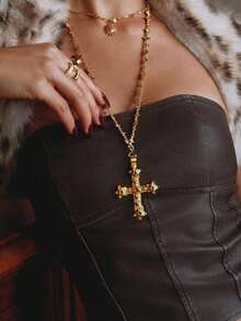 Glisma 18K 镀金 1 件项链，适合派对、休闲、音乐会/节日、夜总会、可爱、奢华纹理、金属、水钻、十字设计、婚礼、节日、度假、露营、花链、Y2K/妈妈/女士/女孩/秋季/秋季/冬季/节日/假日/度假/老钱/万圣节 - 金色 - 查看 1