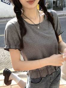 DAZY Women's Casual Round Neck Striped T-Shirt, Suitable For Spring And Summer - Grey - View 6