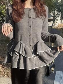 FRIFUL 女士圆领金属纽扣装饰下摆层叠荷叶边修身休闲T恤 - 灰色 - 查看 4