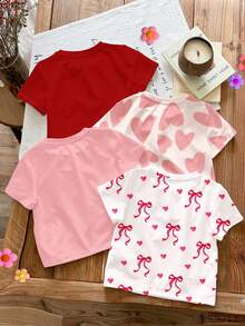 SHEIN 4pcs Young Girl Cute Sweet Heart Series T-Shirts,Short Sleeve Crew Neck Basic Tops For Summer School,White,Pink,Red Valentine's Day Casual Wear - Multicolor - View 2