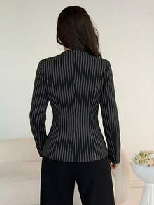 Mulvari 女士黑色条纹长袖收腰A字型金属纽扣优雅衬衫，春夏款 - 黑色 - 查看 2