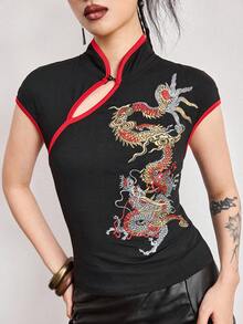 ROMWE Avant Women's New Chinese Style Dragon Embroidery Chinese Painting Embroidery Pattern Improved Cheongsam Top