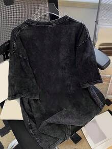 Manfinity Joysei 男士休闲花卉刺绣水洗棉宽松T恤，时尚街头风，适合日常通勤和夏季穿着 - 黑色 - 查看 2