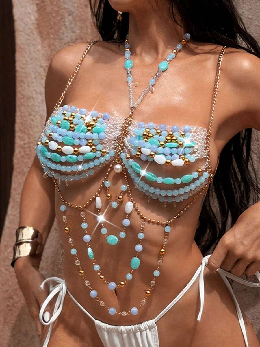 Sirith Khăn choàng đính hạt nhiều màu sắc, thiết kế gợi cảm và thời trang cho các lễ hội âm nhạc, khăn choàng phong cách Bohemian dành cho nữ, mùa hè/thu. - Màu xanh lam - Xem 1