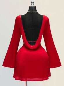 SHEIN ICON Plus Size Retro Sexy Elegant Women's Ball Party Evening Banquet Valentine's Day Outfit Round Neck Backless Swing Neck Flared Long Sleeve Bright Red Mesh Fitted Waist Flowing Skirt Dress - Red - View 1