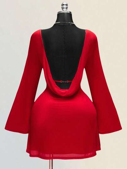 SHEIN ICON Plus Size Dam Röd Mesh Rygglös Utsvängd Ärmklänning