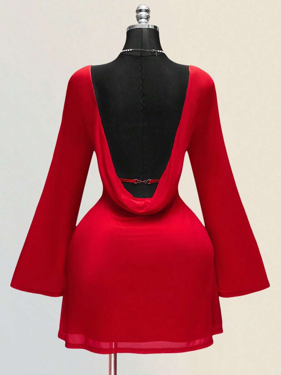 SHEIN ICON Plus Size Retro Sexy Elegant Women's Ball Party Evening Banquet Valentine's Day Outfit Round Neck Backless Swing Neck Flared Long Sleeve Bright Red Mesh Fitted Waist Flowing Skirt Dress - Red - View 1