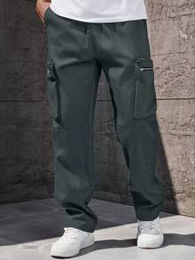 Manfinity Homme Quần dài nam cỡ lớn, màu trơn, dáng rộng, có túi hộp, kiểu dáng thường ngày. - Màu xanh bụi bặm - Xem 3