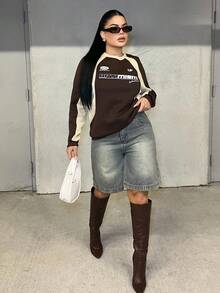 Dayanna Comas بلوزة رياضية فضفاضة مع بطانة من الفليس ذات ألوان متباينة للنساء في فصل الخريف/الشتاء - قهوة بني - مشاهدة 1