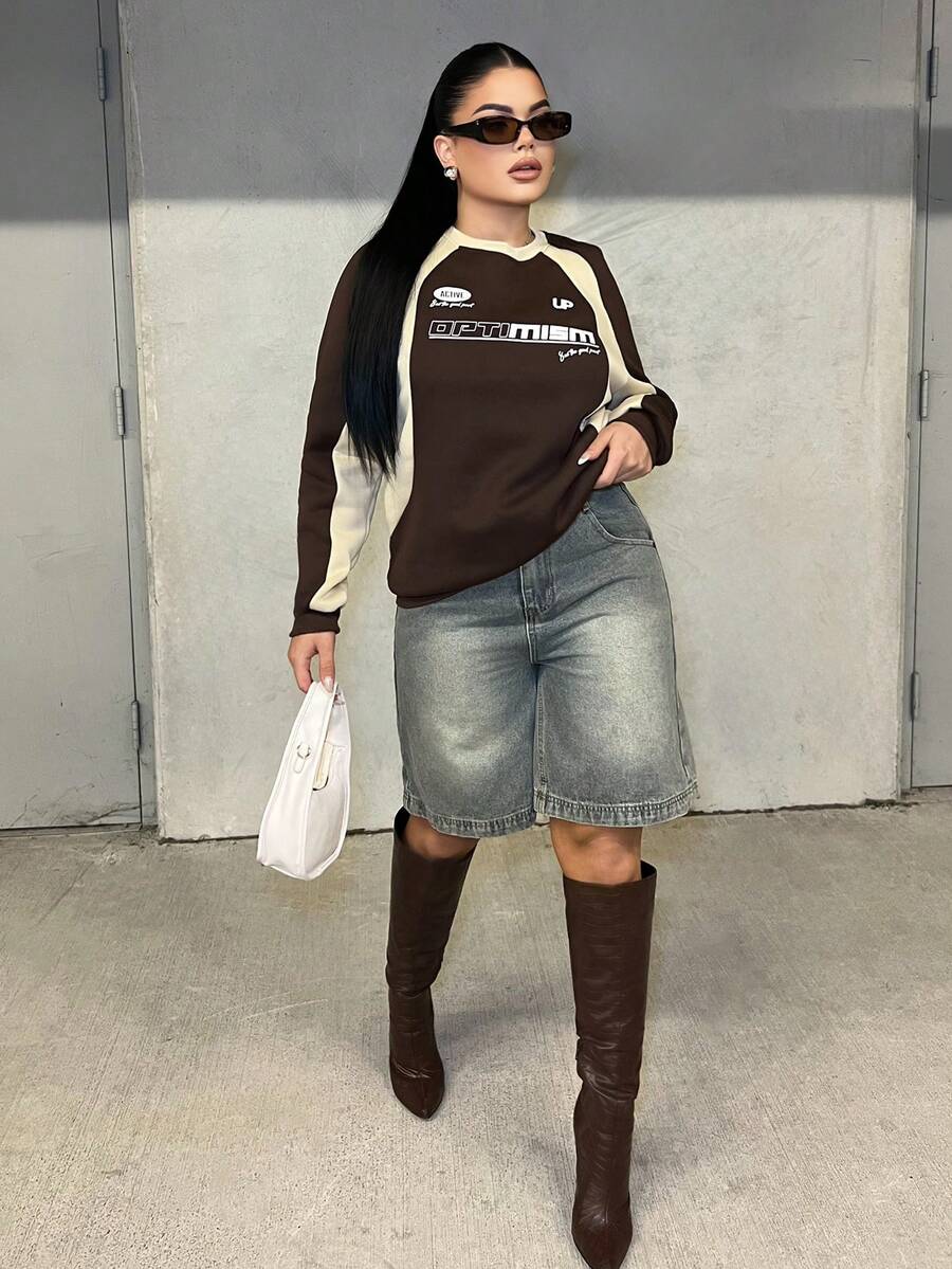 Dayanna Comas بلوزة رياضية فضفاضة مع بطانة من الفليس ذات ألوان متباينة للنساء في فصل الخريف/الشتاء - قهوة بني - مشاهدة 1