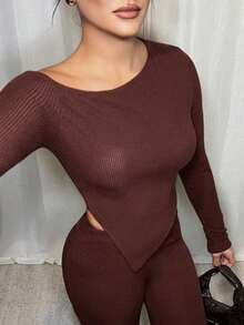 Dayanna Comas Women's Casual Asymmetrical Shoulder Fuzzy T-Shirt + Wide Leg Low Waist Pants 2 Pieces Set, Winter Fall Cloth For Women - Brown - View 5