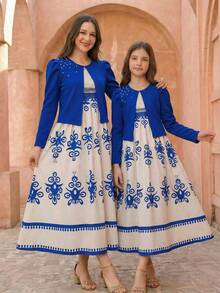 2pcs/Set Teen Girl Traditional Arab Outfit, Geometric Floral Print Elegant Spaghetti Strap Maxi Dress & Cropped Knit Bubble Sleeve Jacket, Suitable For Spring, Autumn, Summer - Multicolor - View 3