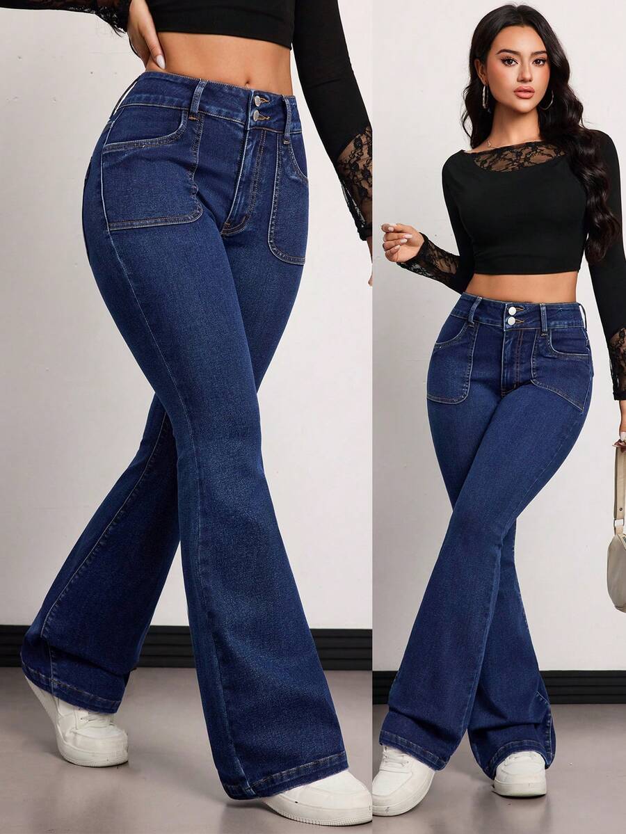 SHEIN Tall 春夏女士休闲喇叭牛仔裤，舒适弹力，时尚休闲优雅，水洗蓝色喇叭牛仔裤 - 深色水洗藍 - 查看 1