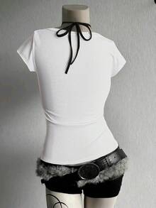 Sunspun Fashionable Mock Neck Cinched Waist V-Neck Knit T-Shirt - White - View 2