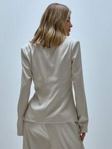 V Plunge Collared Buckle Waist Detail Oversized Blazer Cute Sexy Office Coolgirl Suit Spring Summer Boxy Oversized Belted Blazer Jacket Coord Top Only - Cream - View 4