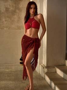 MOTF PREMIUM Váy len móc thủ công kiểu Bohemian với tua rua - Đỏ - Xem 7