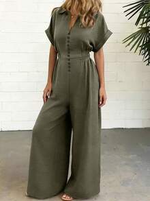Weeklong Plus Size Women's Spring/Summer Shirt Collar Rivet Decor Elastic Waist Casual Jumpsuit For Vacation & Commute