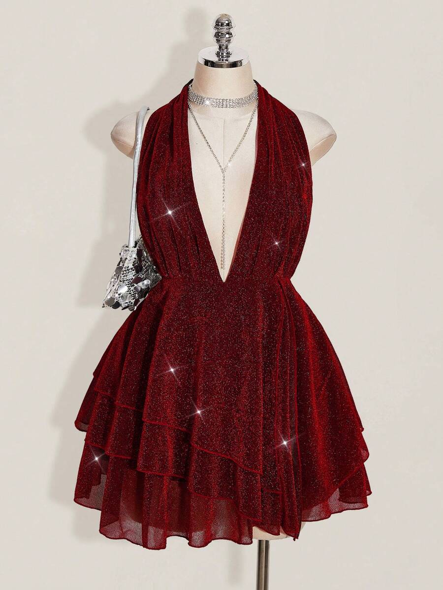 SHEIN ICON 大码女士闪亮性感深V不对称下摆吊带连衣裙 - 酒紅色 - 查看 1