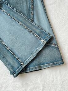 Elamini Mid-Waist Fashion Patchwork Studded Washed Elastic Skinny Flare Jeans - Medium Wash - View 5