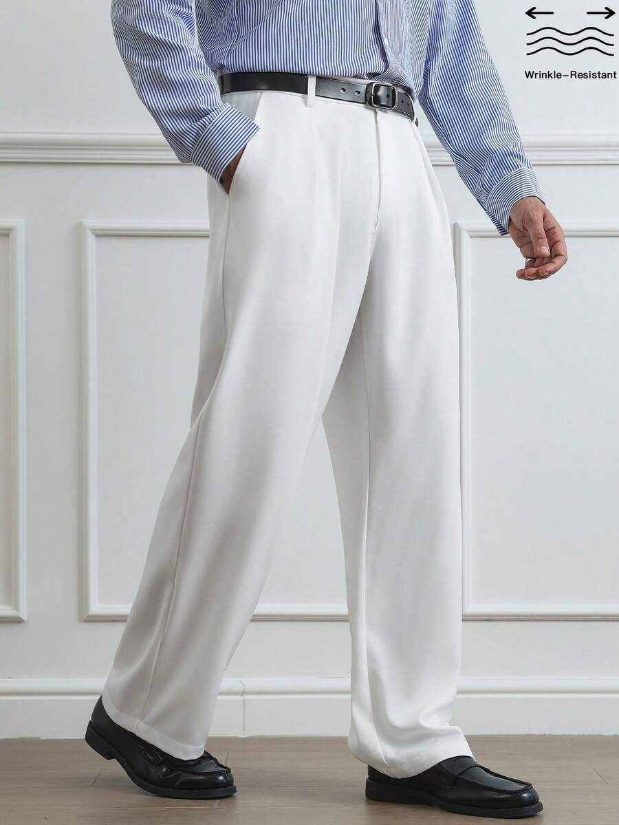 HUEFORM Men's Old Money White Pleated Relaxed Fit Wide Legs  Casual Pant, Commuter Pants,Wrinkle-Resistant Fabrics Quickly Regain Their Smoothness After Wearing Or Washing, Reducing The Need For Manual Ironing. - White - View 1