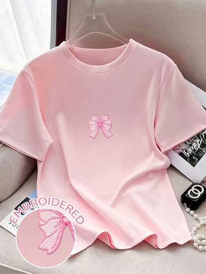 Franclia Women's Contrast Color Butterfly Print Bow Decor Short Sleeve T-Shirt, Fashionable Back To School Summer New Arrival, Versatile Outdoor Casual Wear